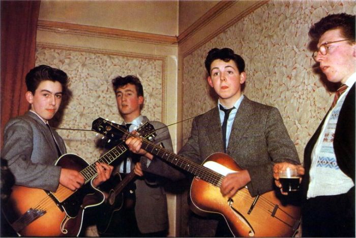 The Beatles in 1957. George Harrison is 14, John Lennon is 16, and Paul McCartney is 15. 