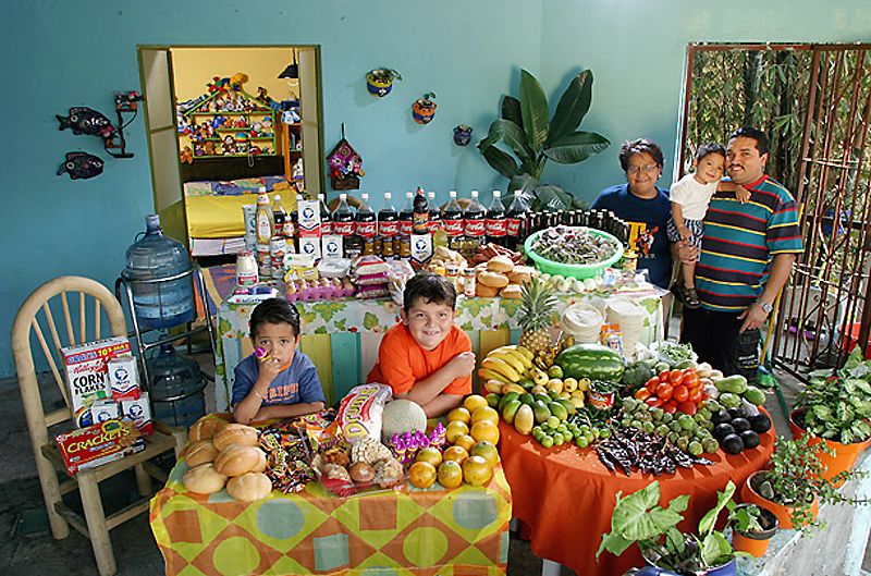 6) Мексика: семья Казалес из города Куернавака  Расходы на питание в течение одной недели: 1 862,78 мексиканских песо или $ 189,09 Любимая еда: пицца, крабы, макароны, курица